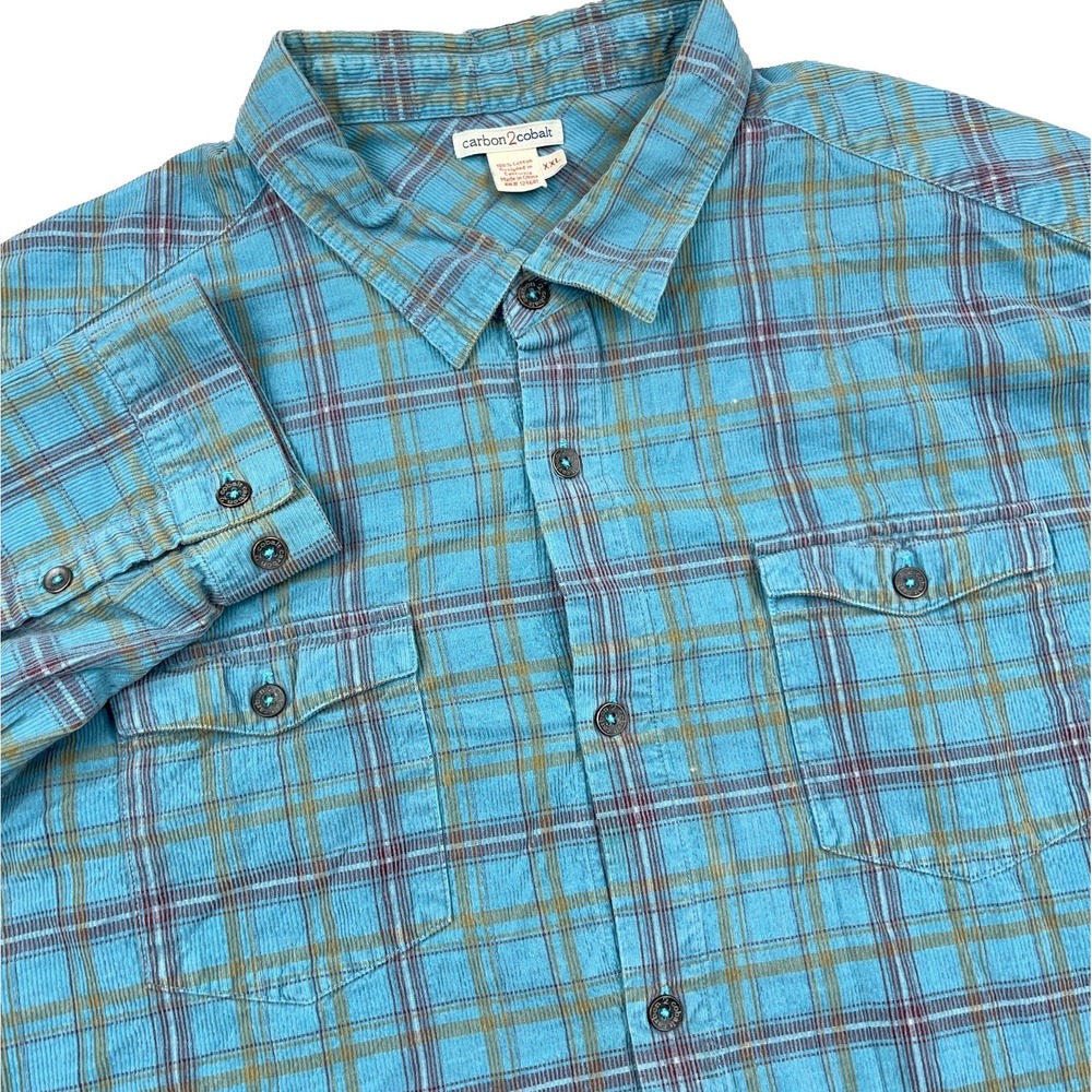 Carbon 2 Cobalt Shirt Men XXL 2XL Teal Plaid Corduroy Button Up Dress Pocket *